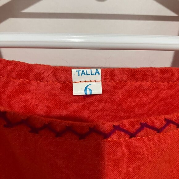 Little Girl's Hand Embroidered Mexican Summer Dress, Orange/Red, Size 6 - Picture 3 of 4